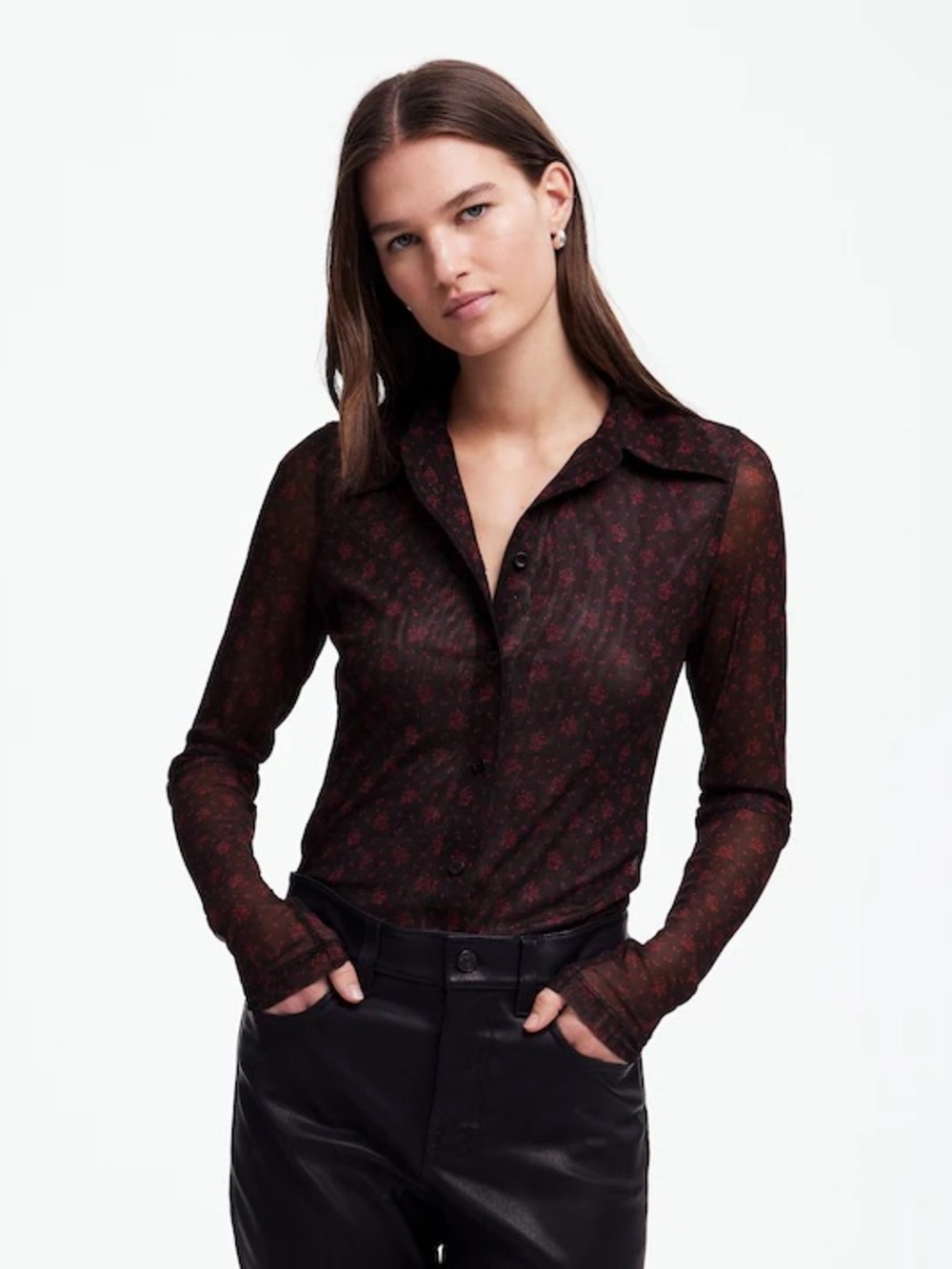 Madewell Long-Sleeve Button-Front Top in Floral Mesh